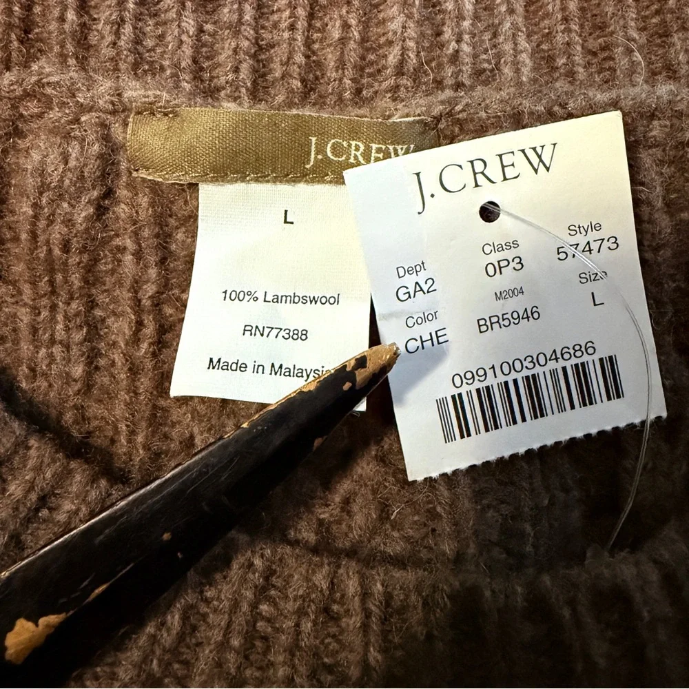 J.Crew NWT Lambswool Cable Knit Sweater  L Brown Chunky Pom Pom Cozy Layer